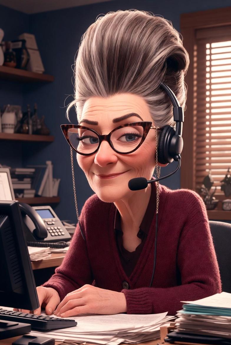 Bea Shepherd at her desk, headset on, magic wand ready