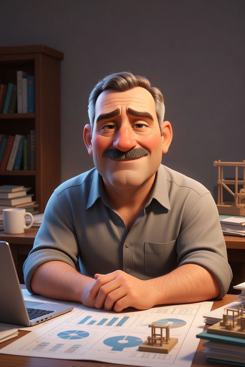 CHIEF at desk with structural models, charts, and engineering references