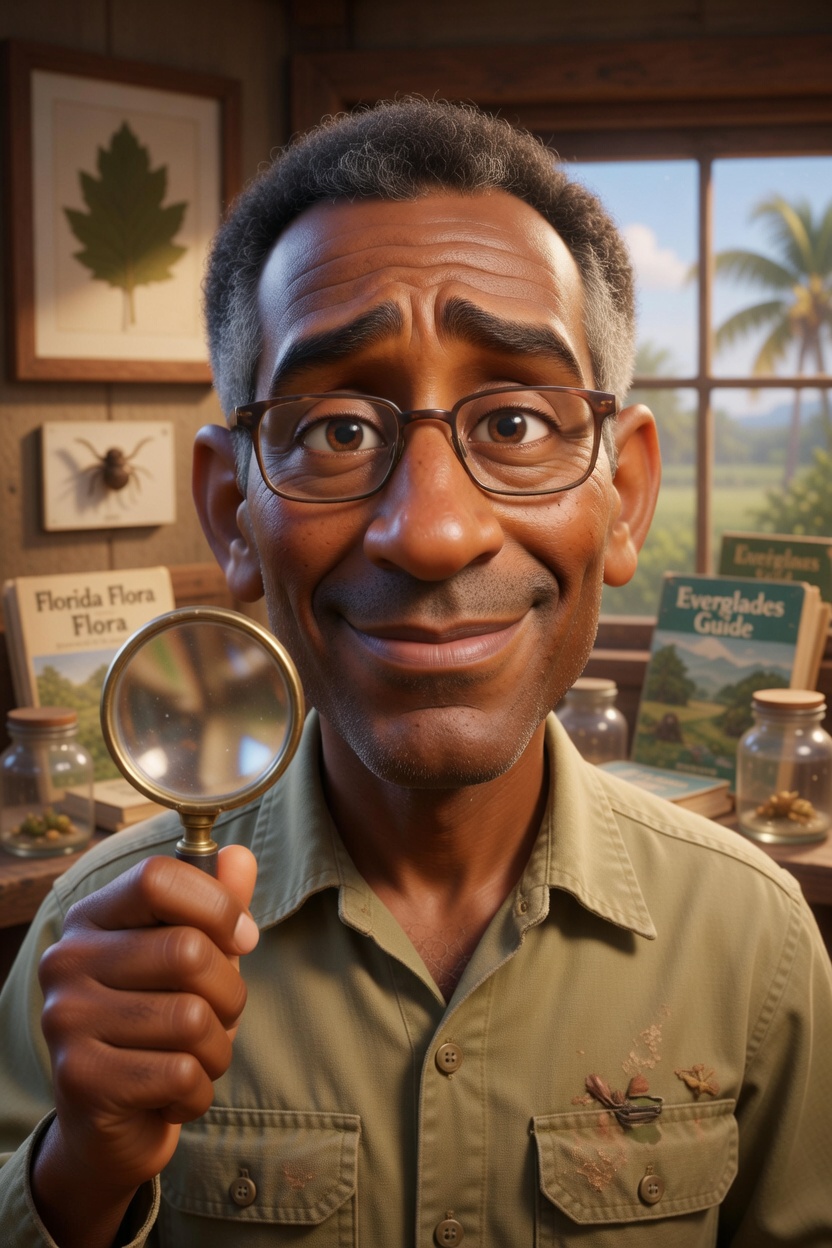 DARWIN with Florida field guides and magnifying glass, specimen jars visible