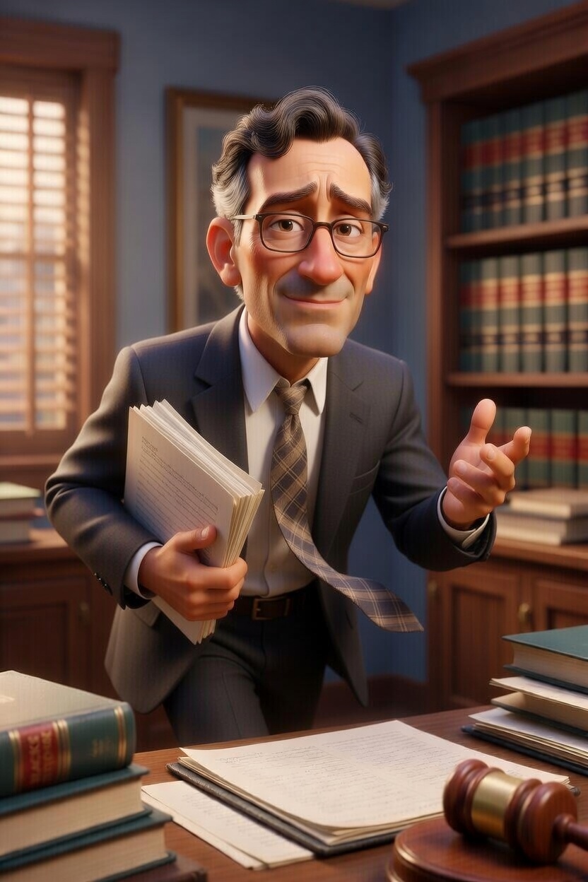 FRANK with law books floor to ceiling, gavel on desk like a stapler