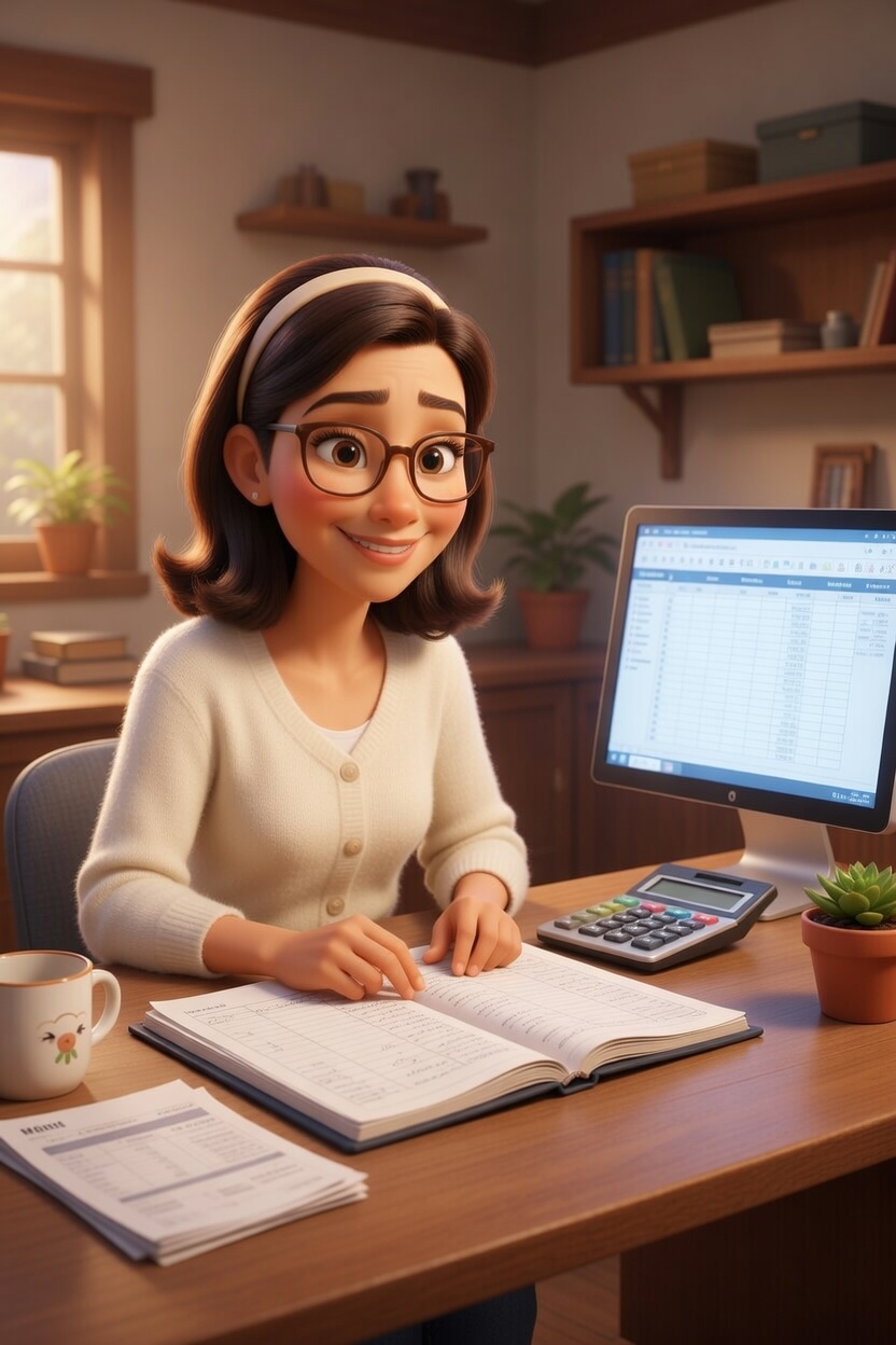 Penny Ledger at her perfectly organized desk with binders and spreadsheets